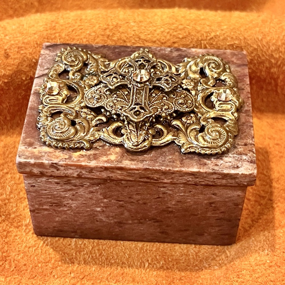 Jo Marz First Edition Stone Cross Box w/metal & jewel embellishments.